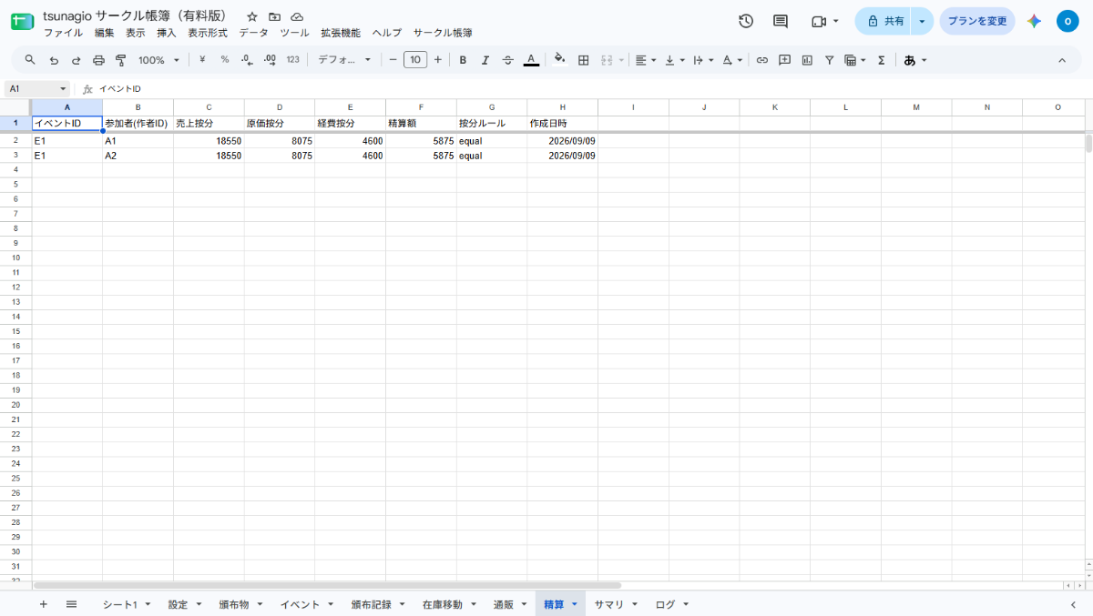 合同サークルの精算シート。参加者ごとの売上按分・原価按分・精算額が並ぶ画面