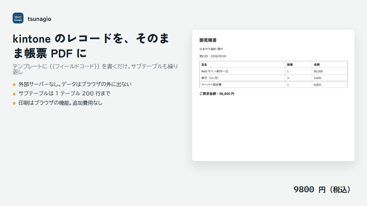 kintone プラグイン「帳票出力」の紹介画像。レコードから見積書 PDF を作る